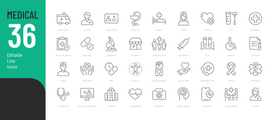 Medical Line Editable Icons set. Vector illustration in modern thin line style of general medical icons: signs and symbols of medicine and pharmacology, hospital, doctor, tests, etc. Isolated on white