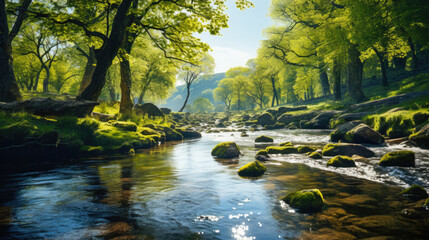 Sunlight over Spring Budding  Trees Along the Stream  Along the  Banks, Forest Creek