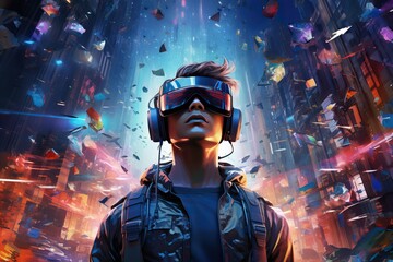 Artistic illustration depicting an evolved young man exploring the realm of virtual reality, surrounded by holographic data streams and futuristic landscapes. Generation Ai - obrazy, fototapety, plakaty