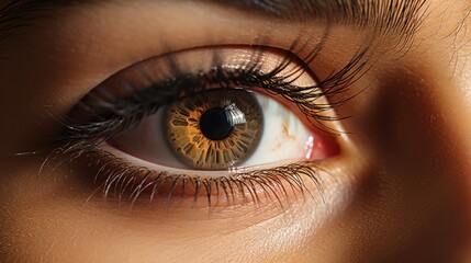 Naklejka premium close up, eye, eyelash, human, iris, pupil, eyeball, macro, beauty, brown. background image close up detail beautiful female eye, iris, pupil and eyeball extreme macro, fashion naturel makeup.