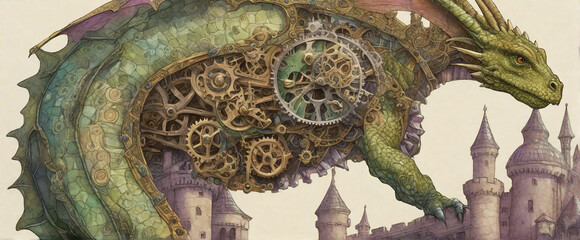 mechanical watch embedded into dragon flying on the castle fictional designed gothic 