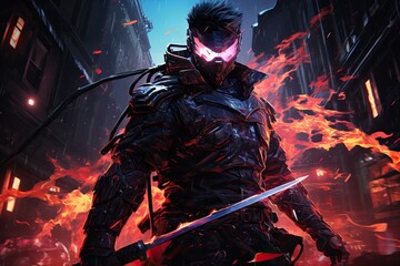 Fototapeta premium Climactic confrontation between a cyberpunk samurai and a futuristic adversary amidst a neon-lit urban battleground. Generation Ai