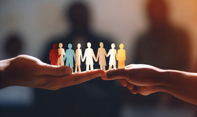 Diversity, Inclusion, and Equality Concept - Paper people silhouettes on hands, promoting mutual respect in a diverse society