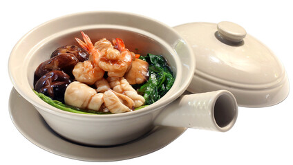 Seafood in thick gravy sauce with Prawns squid mushroom and Kale serve in clay pot Delicious Traditional Chinese Hong Kong Chinatown Style 