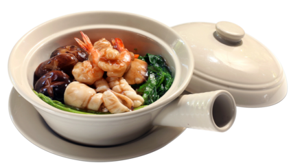 Seafood in thick gravy sauce with Prawns squid mushroom and Kale serve in clay pot Delicious Traditional Chinese Hong Kong Chinatown Style 
