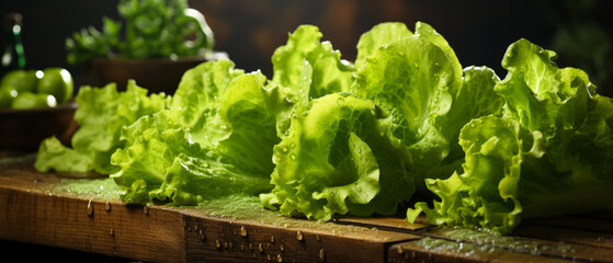 Fresh ?risp, lively lettuce showcased in a rustic setting. - obrazy, fototapety, plakaty