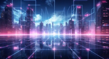 ai, network, technology, artificial intelligence, energy, innovation, future, digital, link, tech. abstract futuristic cityscape with towering skyscrapers and neon lights in the night sky, via AI gen.