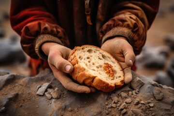 Dirty hands tightly clutch a piece of bread, symbolizing hope and survival. 