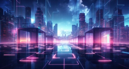 ai, network, technology, artificial intelligence, energy, innovation, future, digital, link, tech. abstract futuristic cityscape with towering skyscrapers and neon lights in the night sky, via AI gen.