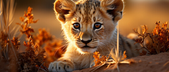 Fototapeta premium Young lion cub camouflaged in tall savanna grass.