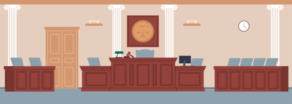 Courtroom interior with judge, attorney and jury table. Empty room. Wooden podium, tribunes with armchairs. Cartoon flat illustration. Judicial system. Vector justice and jurisprudence concept