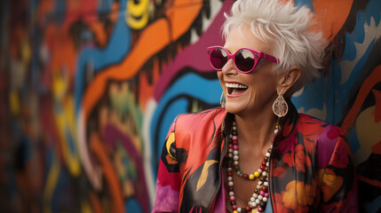 Cheerful elderly woman in bright colorful clothes and magenta sunglasses against the multi-colored...