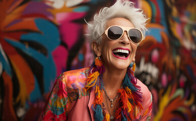 Cheerful elderly woman in bright colorful clothes and sunglasses against the multi-colored graffiti wall. Fashionable senior lady on a vibrant colors background