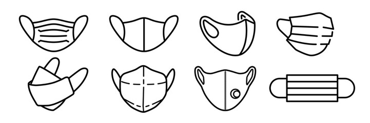 Medical Face Mask icons. Simple thin line signs with people wearing protection masks.