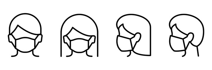Medical Face Mask icons. Simple thin line signs with people wearing protection masks.