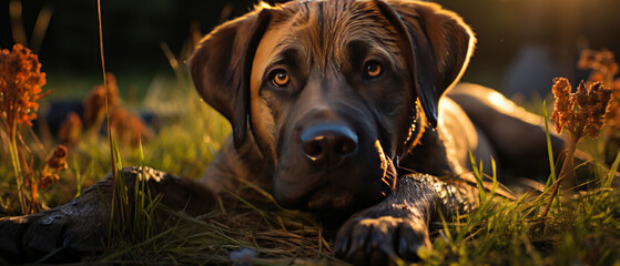 Serene mastiff dog basking in the golden light of sunset. - obrazy, fototapety, plakaty