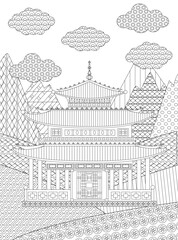 coloring book page for adults and children. mountain landscape w - 697727378