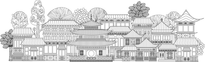 coloring book page for adults and children. Chinese town with an