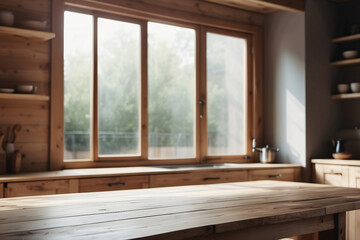 The empty wooden table with a blurred kitchen window in the background