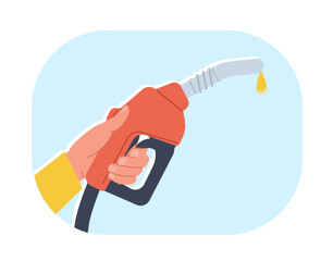 Hand holding gasoline fuel pump with yellow drop of oil. Automobile benzine and biodiesel. Gas station. Nozzle and hose. Transport refueling. Vector cartoon flat isolated vector concept