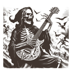 Vector illustration of a skeleton playing an electric rock guitar - 697728136