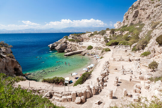 Panoramic view of the ancient sanctuary of goddess Hera, near Loutraki town, in Greece. The rocky beach by the site is popular during summer time