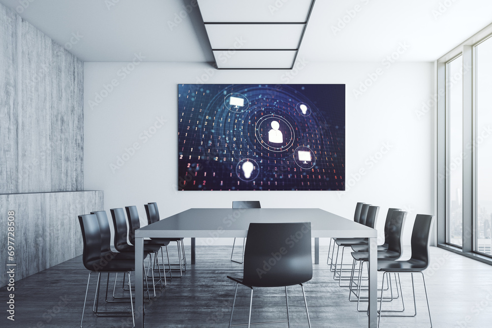 Poster social network concept on presentation screen in a modern conference room. 3d rendering