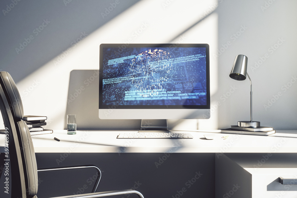 Poster Modern computer monitor with creative code skull hologram. Malware and cyber crime concept. 3D Rendering
