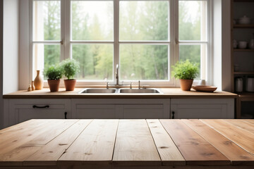 The empty wooden table with a blurred kitchen window in the background