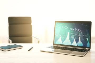 Naklejka premium Creative chemistry illustration on modern computer monitor, science and research concept. 3D Rendering