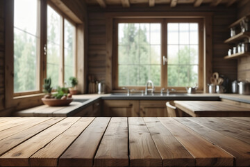 The empty wooden table with a blurred kitchen window in the background