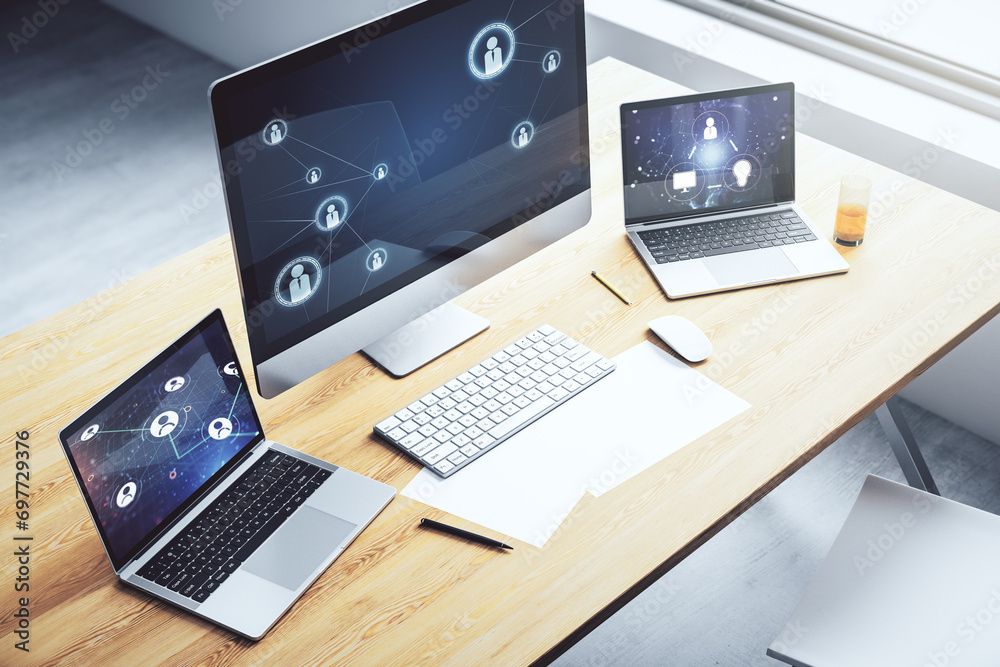 Aufkleber Modern computer screen with social network media concept. 3D Rendering