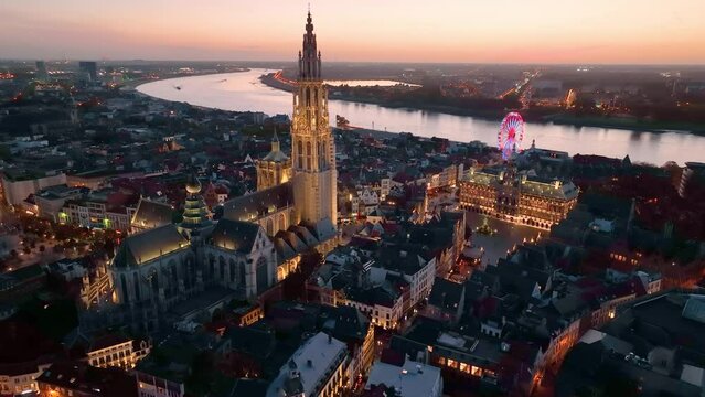 4K Aerial view of cityscape of Antwerp, Belgium from above