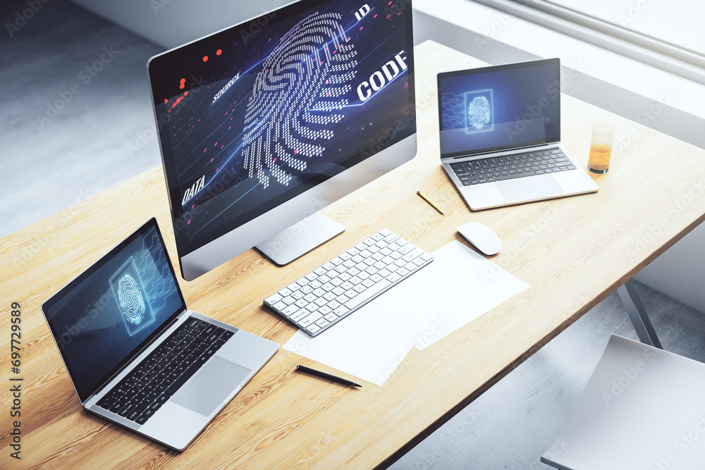 Poster Abstract creative fingerprint concept on modern laptop screen. 3D Rendering
