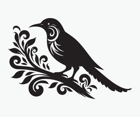 Maori Bird on a branch of a tree silhouette vector illustration - obrazy, fototapety, plakaty