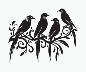  Maori Birds on branches of a tree silhouette vector illustration