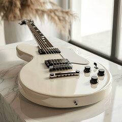 a white electric guitar on a white surface