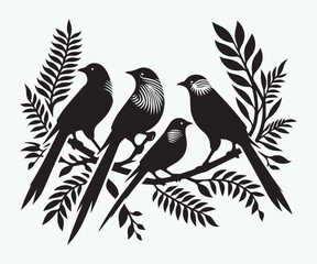  Maori Birds on branches of a tree silhouette vector illustration