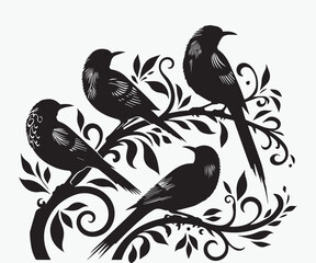  Maori Birds on branches of a tree silhouette vector illustration - obrazy, fototapety, plakaty