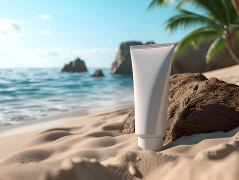 Design cosmetic product template mockup for sunblock cosmetics. cream on a summer beach