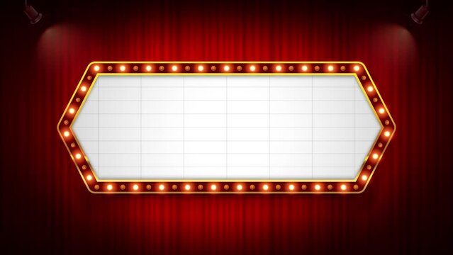 Theater cinema sign hexagon on red color theme curtains with spotlight. 4k animation. You can put text easily.