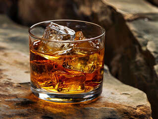 Old fashioned glass of whiskey on the rocks on a dark background