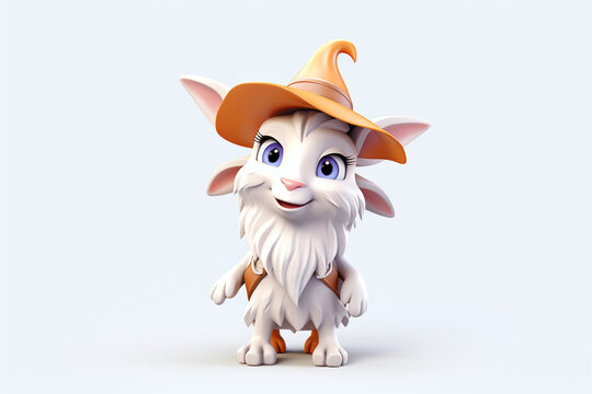 3D cartoon of a cute goat wearing a wizard hat