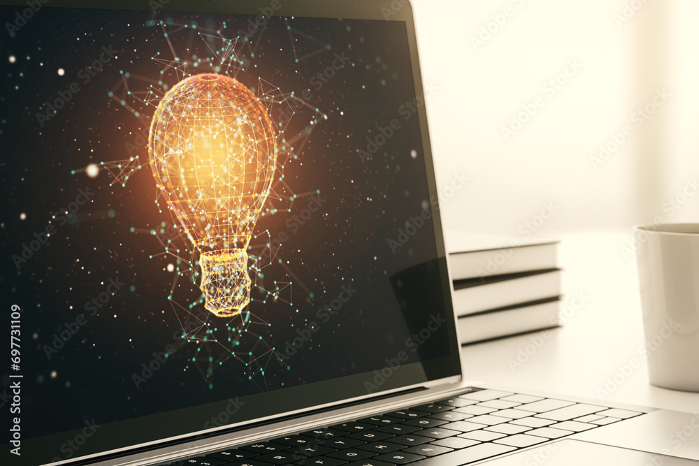 Poster creative idea concept with light bulb illustration on modern laptop screen. 3d rendering