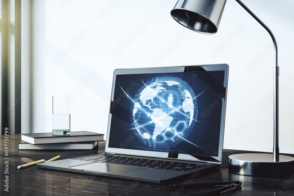 Aufkleber Social network concept with world map on modern laptop screen. 3D Rendering