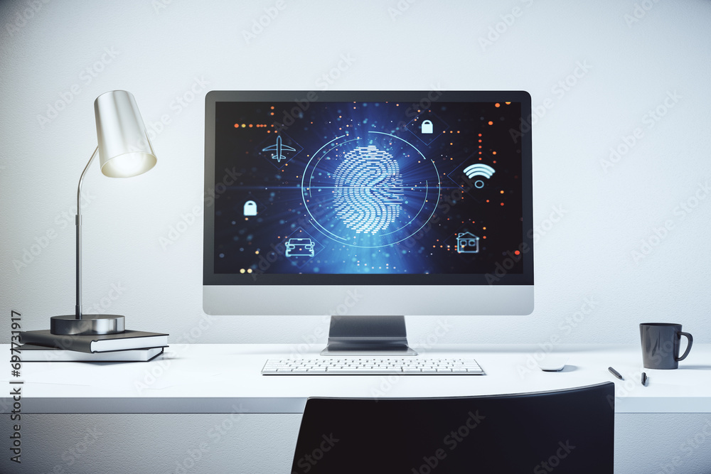 Poster Modern computer monitor with abstract creative fingerprint hologram, research and development concept. 3D Rendering
