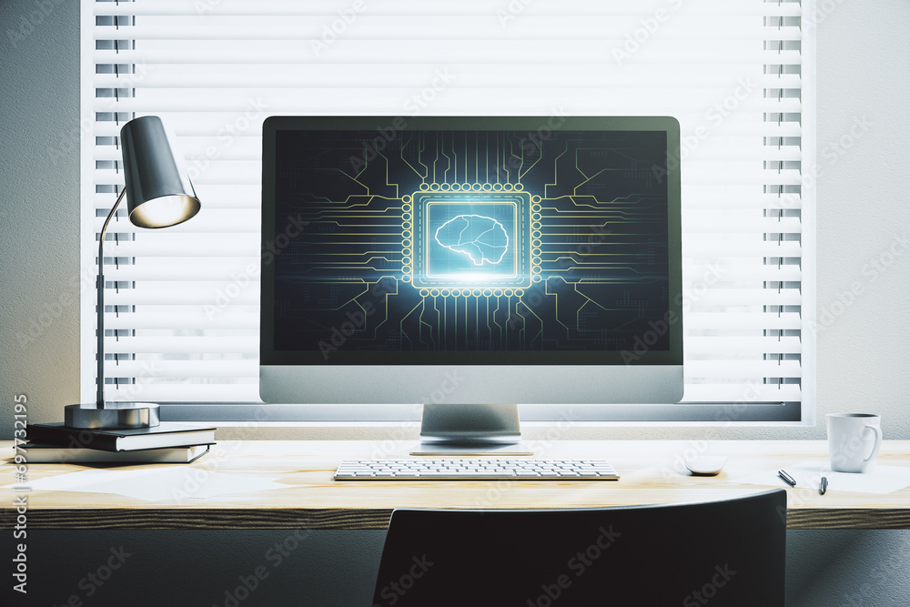 Aufkleber creative artificial intelligence concept with human brain sketch on modern laptop monitor. 3d render