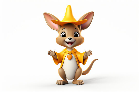 3D cartoon of a cute kangaroo wearing a wizard hat