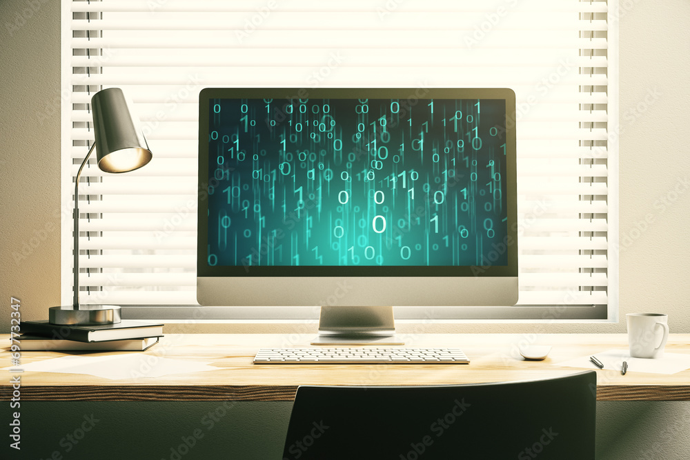 Aufkleber Creative abstract binary code hologram on modern computer monitor, AI and machine learning concept. 3D Rendering