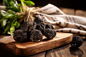 Close-up of black truffles on rustic board with napkin. Generative AI - obrazy, fototapety, plakaty